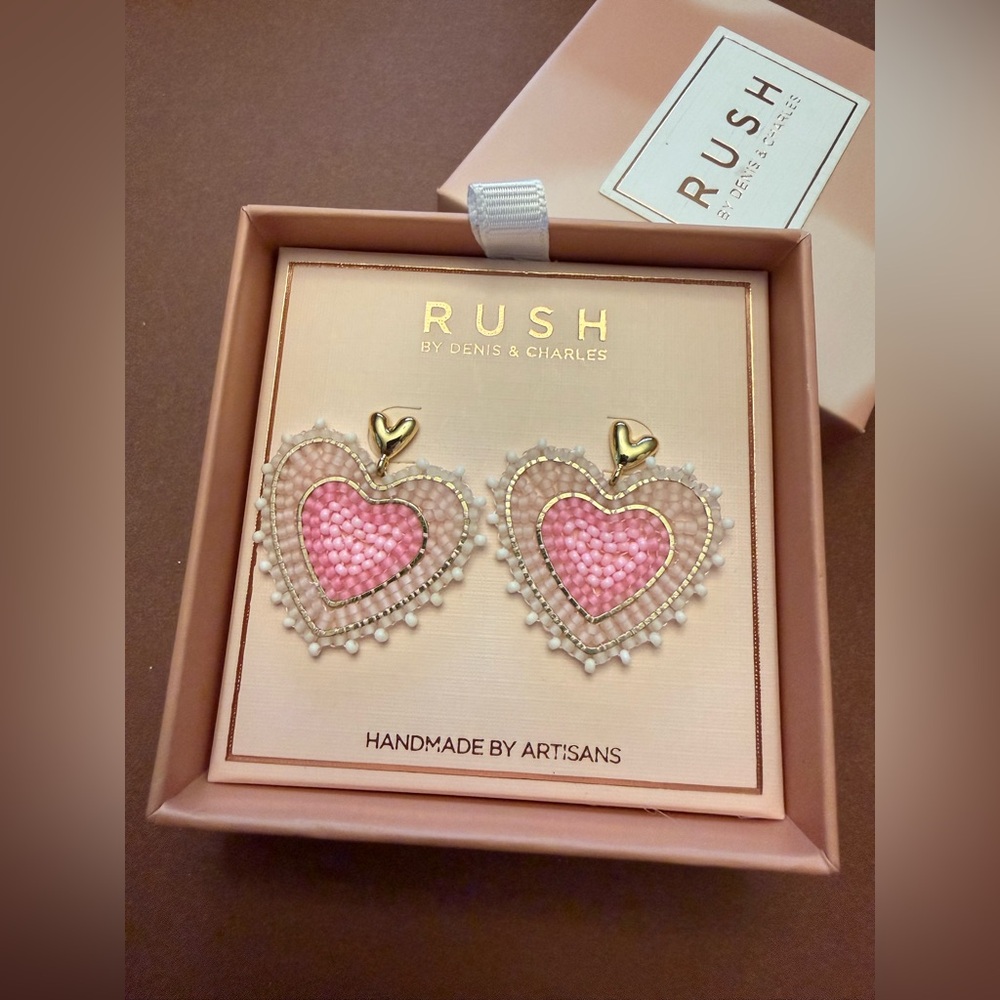 RUSH Pink Beaded Heart Drop Earrings with Gold Accent